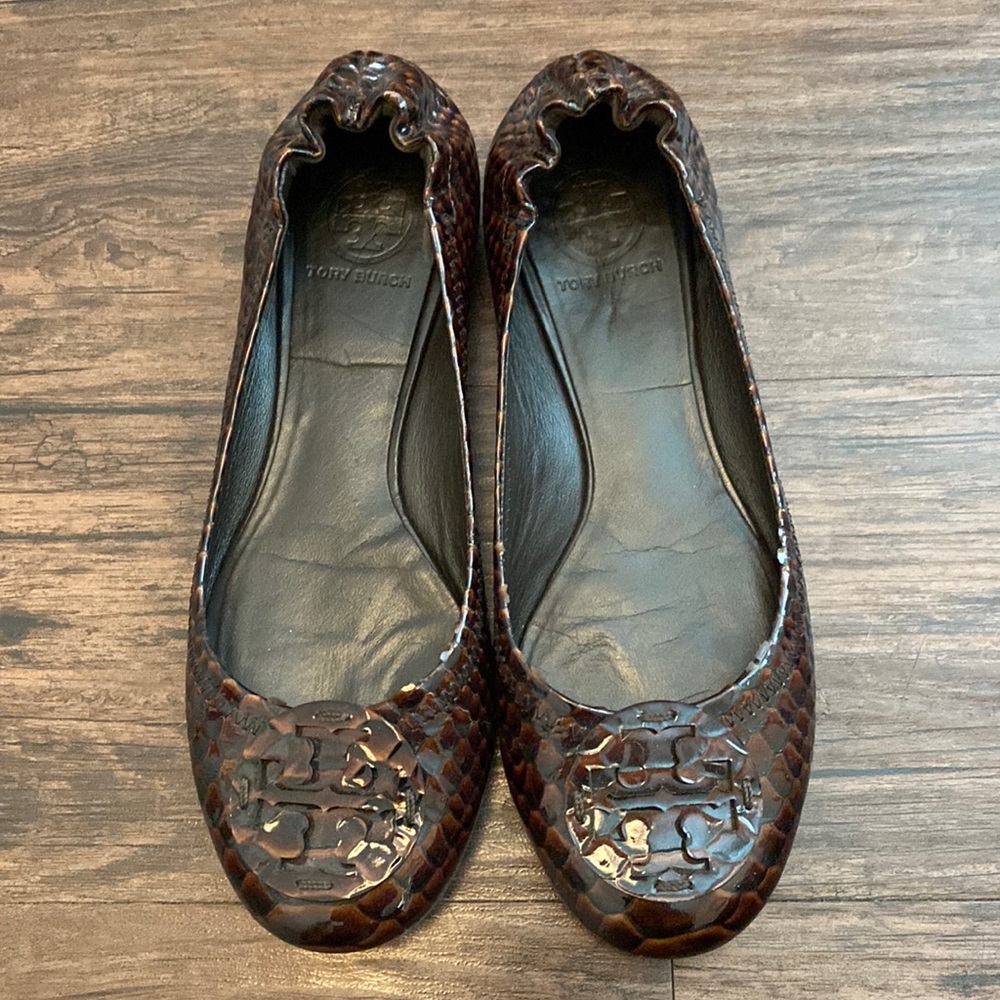 Brown Patent Leather Snakeskin Tory Burch Reva Flats (8)